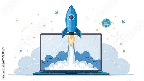 Rocket launch from laptop isolated on transparent background
