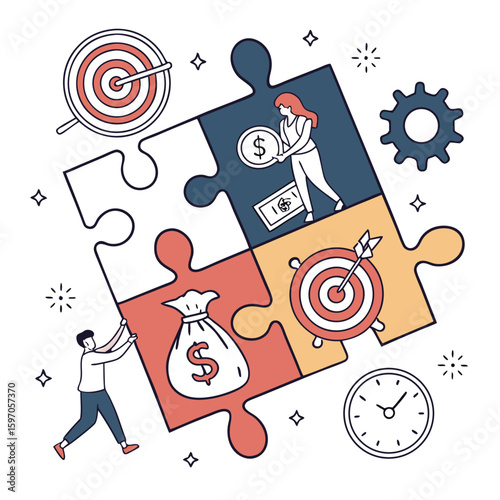 Business puzzle pieces with people money and targets finance teamwork