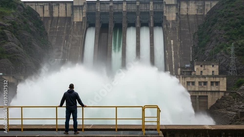 Rear view of a man watching the powerful release of water from a large hydroelectric dam. Renewable energy and industrial power concept.