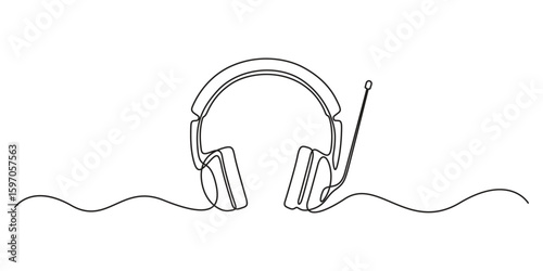 Continuous one line drawing of headphones isolated on white background vector illustration