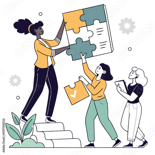 Diverse team assembling puzzle pieces on stairs teamwork collaboration