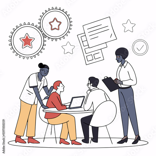Diverse team collaborates on candidate selection with rating business collaboration