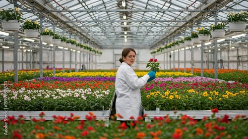 Woman in a white coat inspects colorful flowers in a large commercial greenhouse. Florist or botanist working in a nursery with blooming plants.
