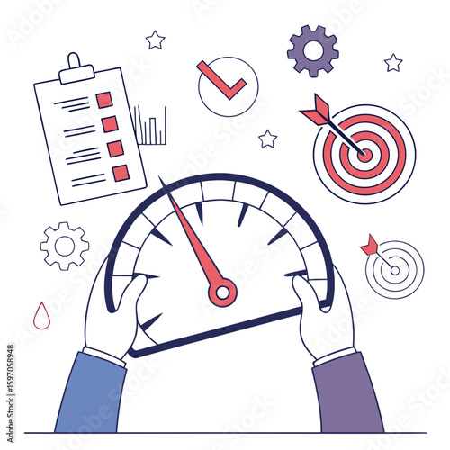 Hands holding performance meter with targets and checklist gears