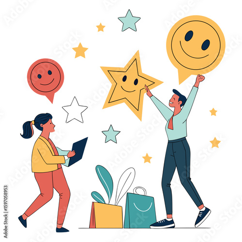Happy people celebrating success with stars and smiles business celebration