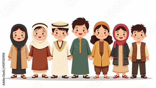 Cartoon children in traditional Middle Eastern clothes stand in a line