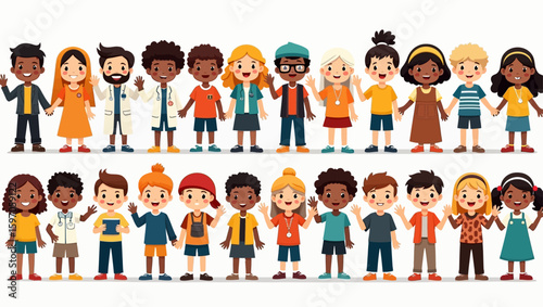 Cartoonstyle illustration with two rows of diverse children holding hands and waving