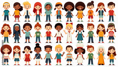 Diverse children avatars fullbody various ethnicities and outfits