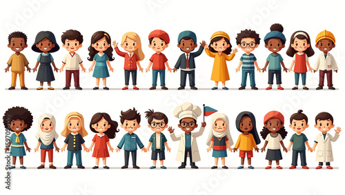 Diverse group of cartoon children holding hands wearing varied outfits arranged in two rows on a white background