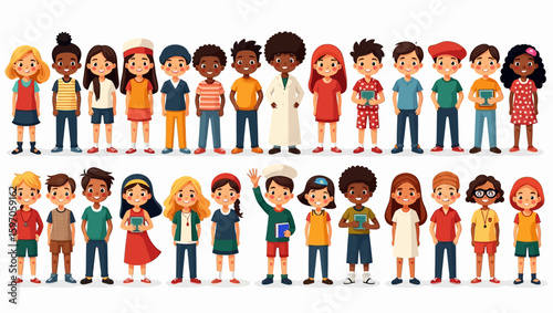 Diverse children of various ethnic backgrounds standing together in colorful clothing