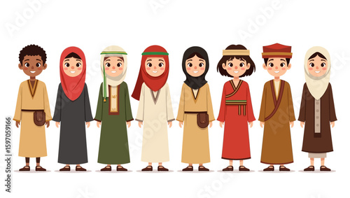 Eight children smile dressed in diverse traditional attire against a plain backdrop