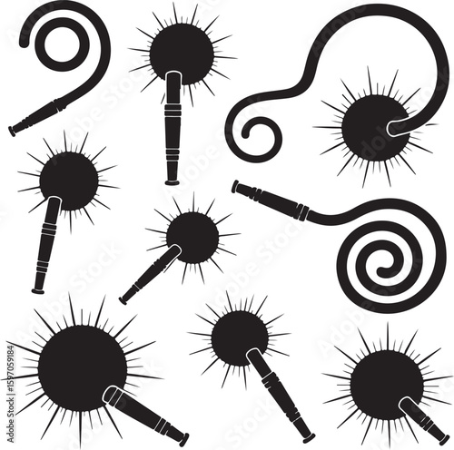 Black spiky sunbursts with handles and swirling lines
