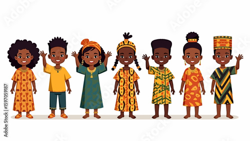 Group of cartoon Black children wearing various traditional African clothing waving