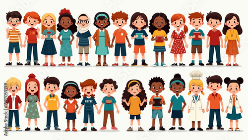Illustration depicts diverse children in vibrant attire posing in two neat rows