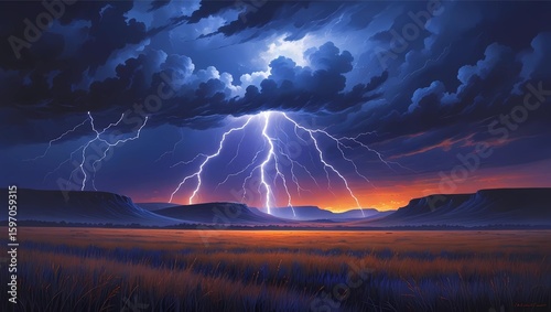 Dramatic lightning storm illuminates a vast, flat landscape at sunset.