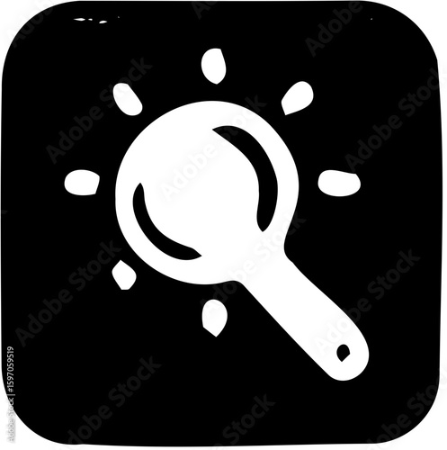 black and white magnifying glass icon with starburst effect in rounded black square symbolizing search
