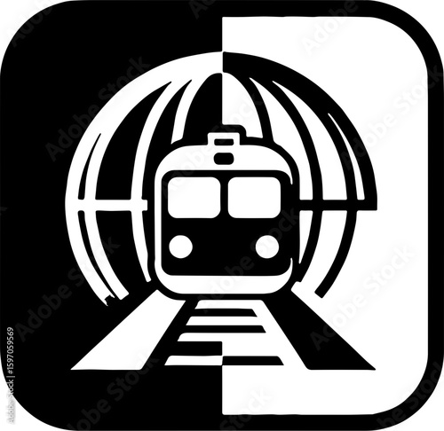 black and white icon of train emerging from globe in square frame with dual tone background