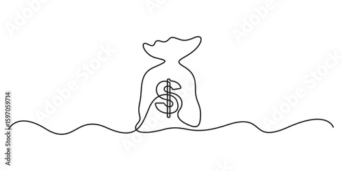 Continuous single line drawing of Money bag. One line drawing illustration of Dollar money bag storage. Finance concept vector illustration