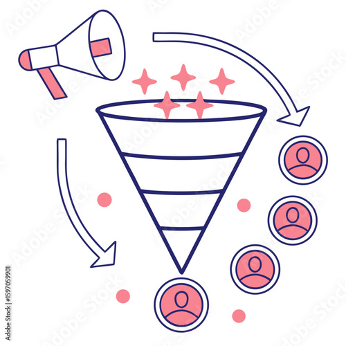 Marketing funnel with megaphone and customer icons lead generation customer acquisition