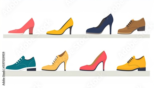 Stylish collection of women's and men's shoes displayed on shelves.