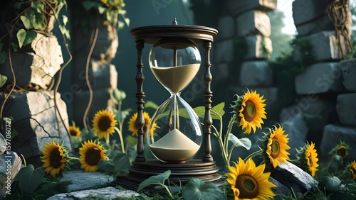 Antique hourglass with sand flowing, surrounded by wilting sunflowers