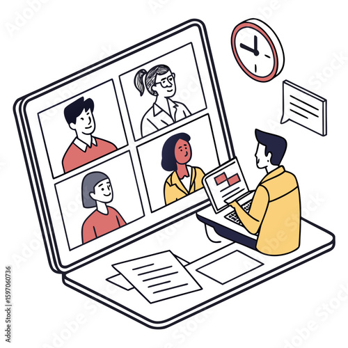People in video conference on laptop screen online meeting video call