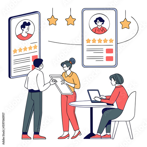 People reviewing candidate profiles on screens business team