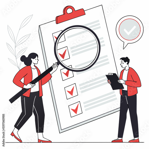 People reviewing checklist with magnifying glass business