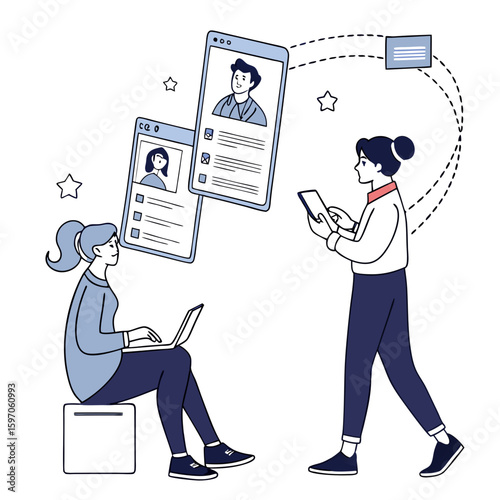 People reviewing digital resumes with laptops and tablets business recruiting