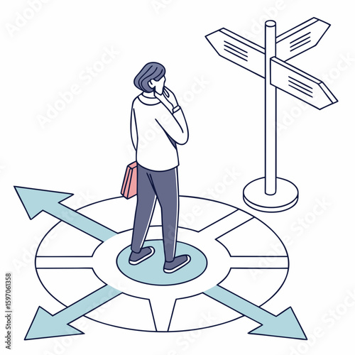 Person contemplating multiple direction choices at crossroads decision making confusion