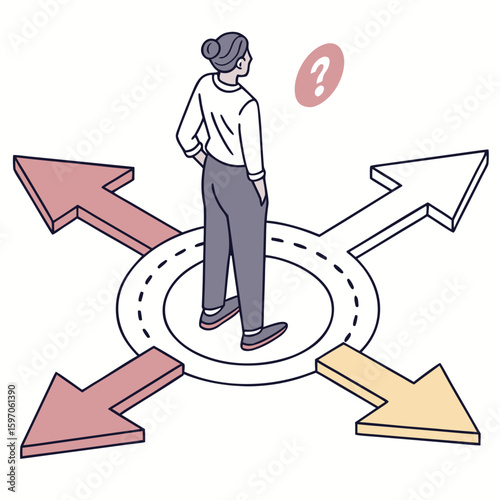 Person facing multiple directional arrows with question mark choice