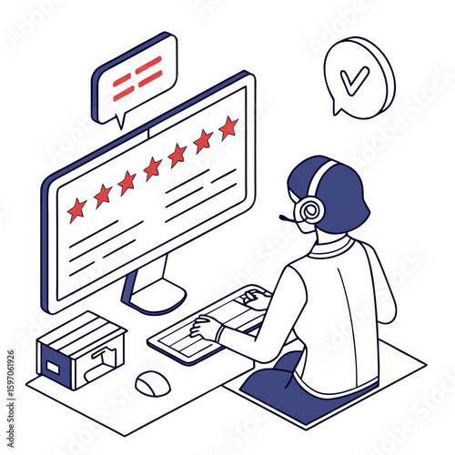 Person with headset reviews customer feedback on computer screen customer service