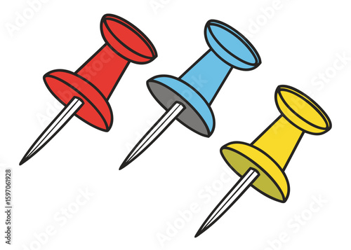 Red blue yellow pushpins pinned thumbtack stationery