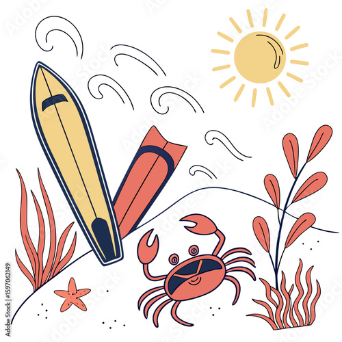 Playful ocean scene with crab surfboard and sun fins starfish