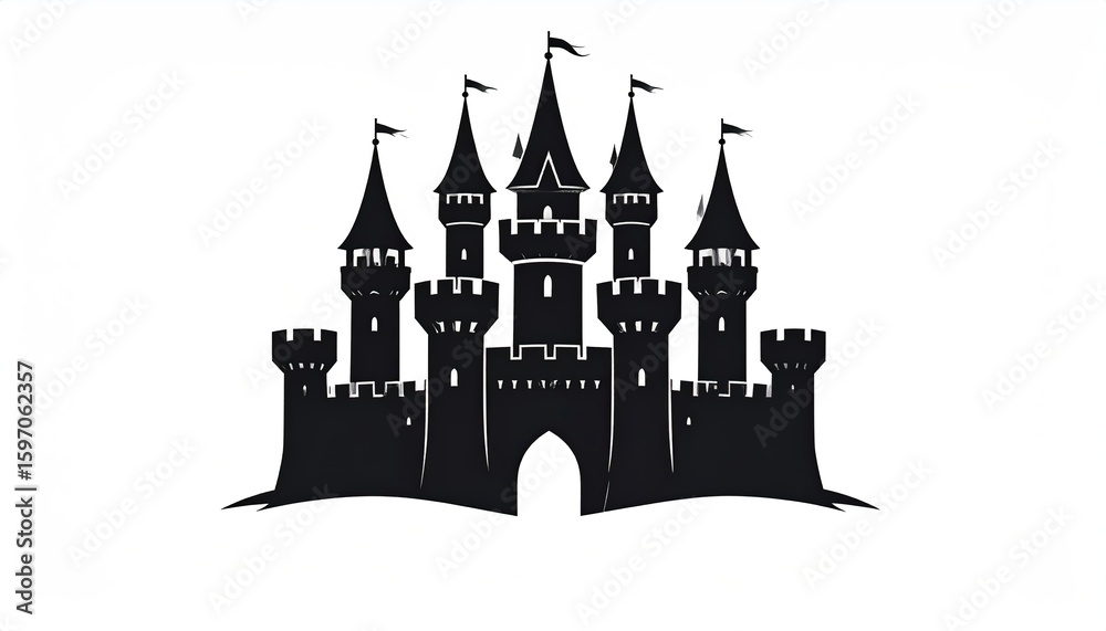 Obraz premium Majestic black silhouette of a fairytale castle, detailed turrets, and a grand arched entrance.