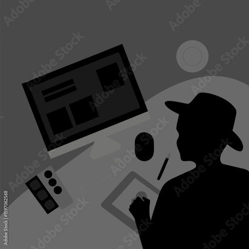 Silhouette designer working with digital tablet and computer digital art stylus