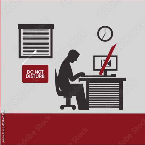 Silhouette man at desk with do not disturb sign and clock computer
