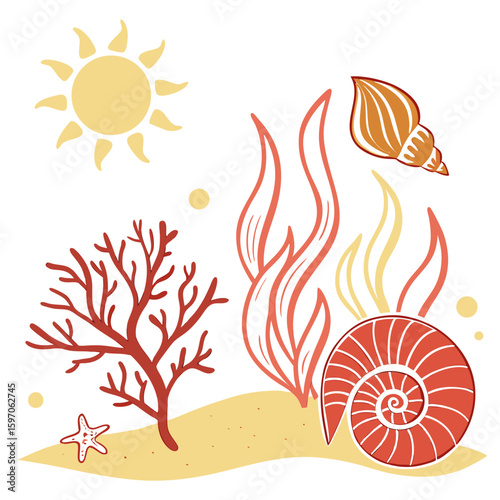 Sunny ocean life with coral and shells starfish