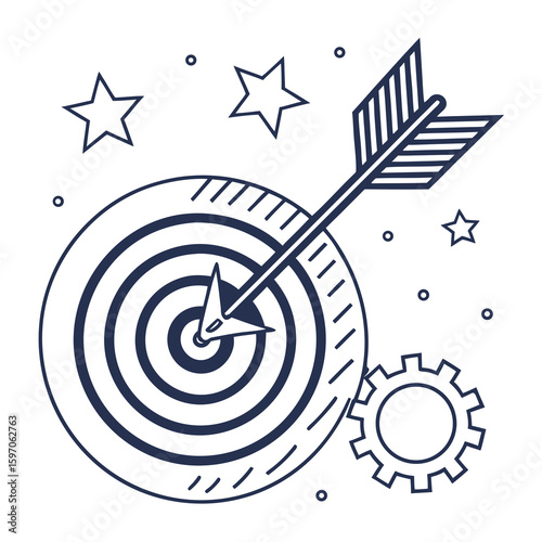 Target arrow hitting bullseye with stars and gear goal success