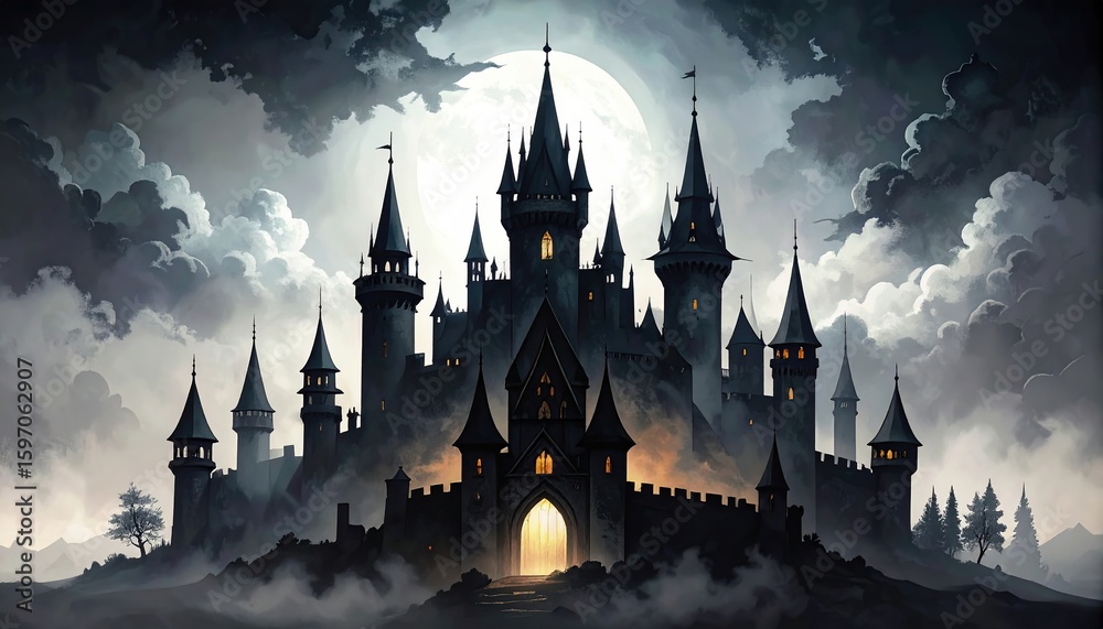Fototapeta premium A gothic castle silhouette stands against a dramatic night sky, illuminated by a full moon.