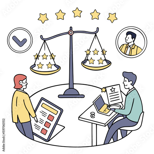 Team evaluating candidate profiles with star ratings business evaluation