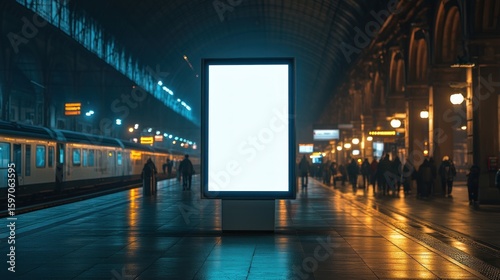 Fototapeta Naklejka Na Ścianę i Meble -  a modern advertising billboard stands illuminated on a bustling train platform at night surrounded by commuters and urban infrastructure creating a dynamic ambiance for display purposes
