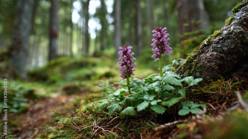 Obraz premium Enchanted Forest: Purple Flowers in Mossy Grove