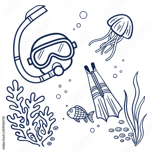 Underwater diving mask snorkel fins jellyfish fish coral seaweed bubbles vector