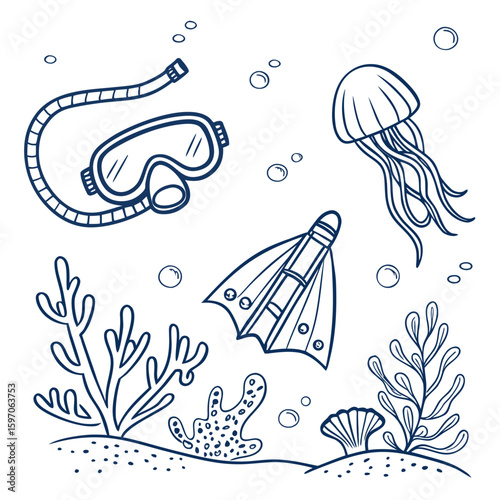 Underwater scene with diving mask jellyfish fins coral and bubbles snorkel