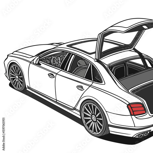 White luxury sedan with open trunk and sunroof luxury car white car