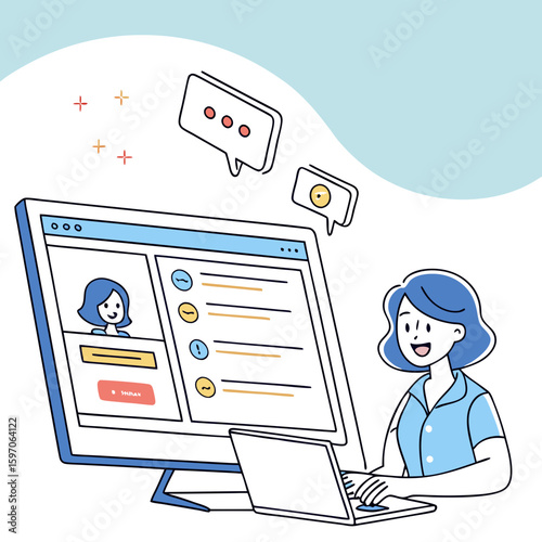 Woman interacting with digital interface and laptop computer chat