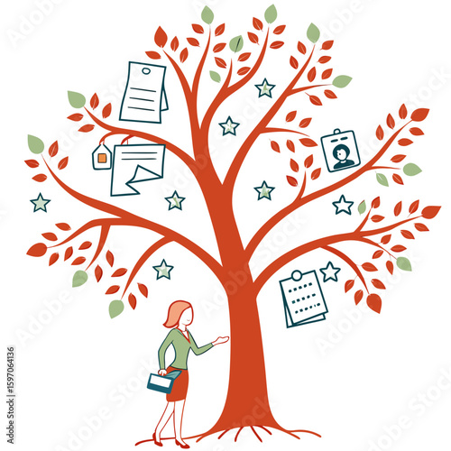 Woman observing career growth tree with documents and stars vector