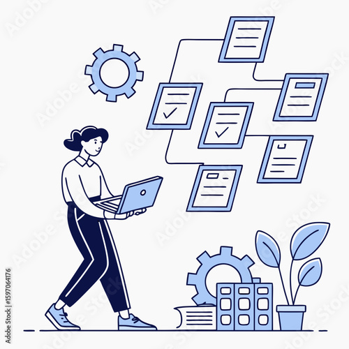 Woman organizing project workflow with laptop and documents project management organization