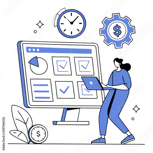 Woman using laptop at dashboard with clock and money gear business